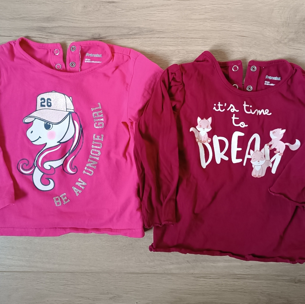 Pink and Red Long Sleeve Shirts with Graphic Designs